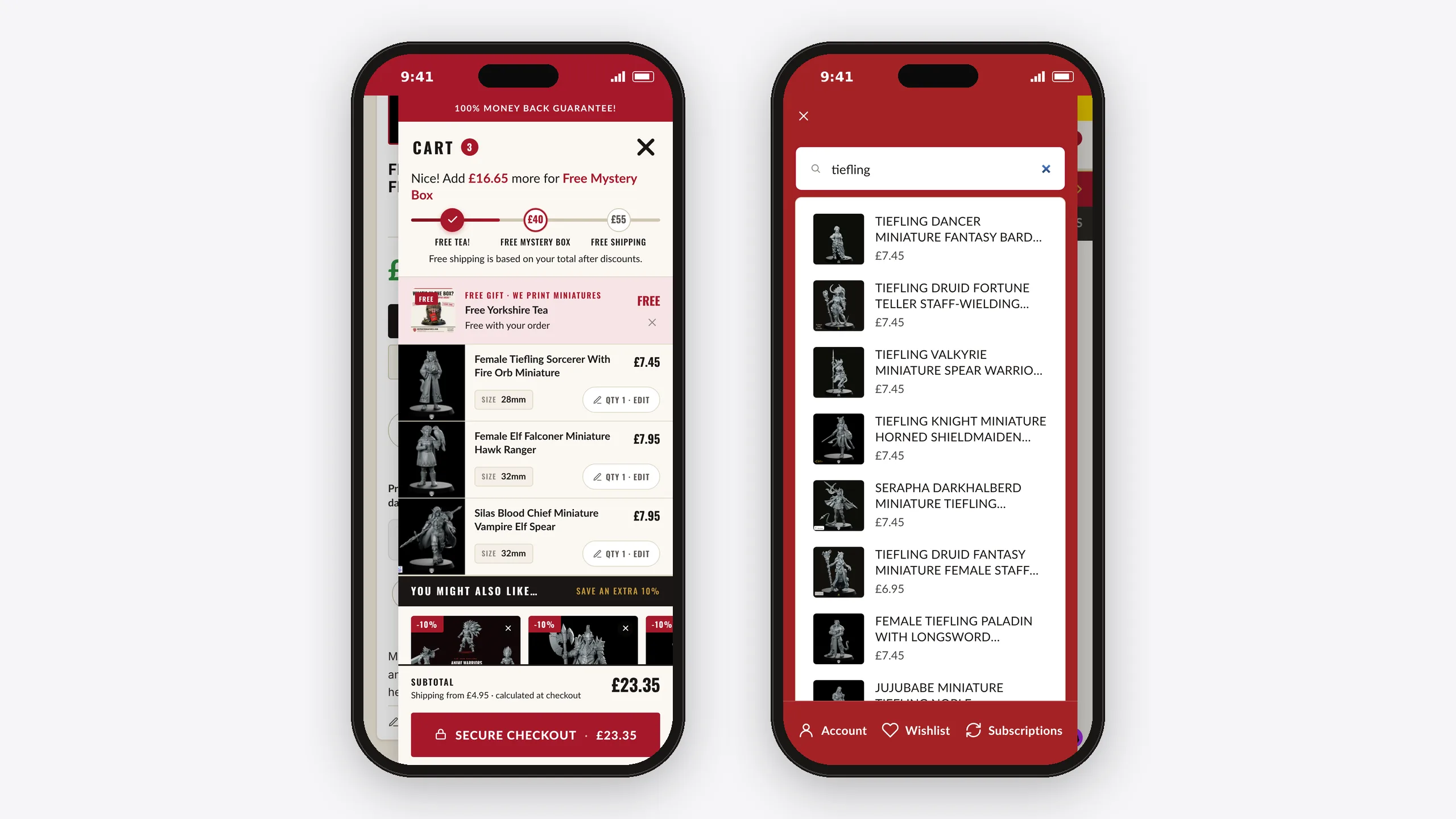 A phone showing the cart drawer: a progress bar towards free shipping, a reward ladder, and two 'often bought together' suggestions, beside a search box with live suggestions.