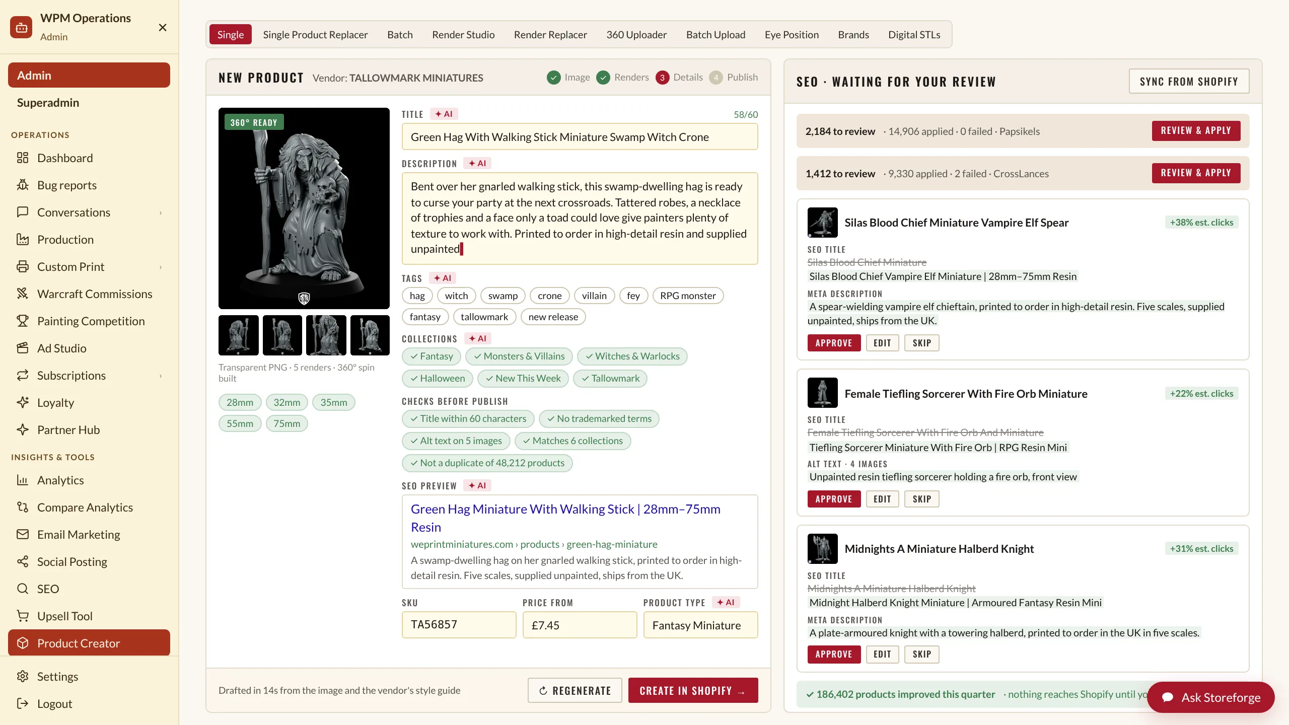 The product creator mid-launch: a new product with AI-written title and description, tags and collections filled in, beside an SEO panel showing proposed improvements awaiting approval.