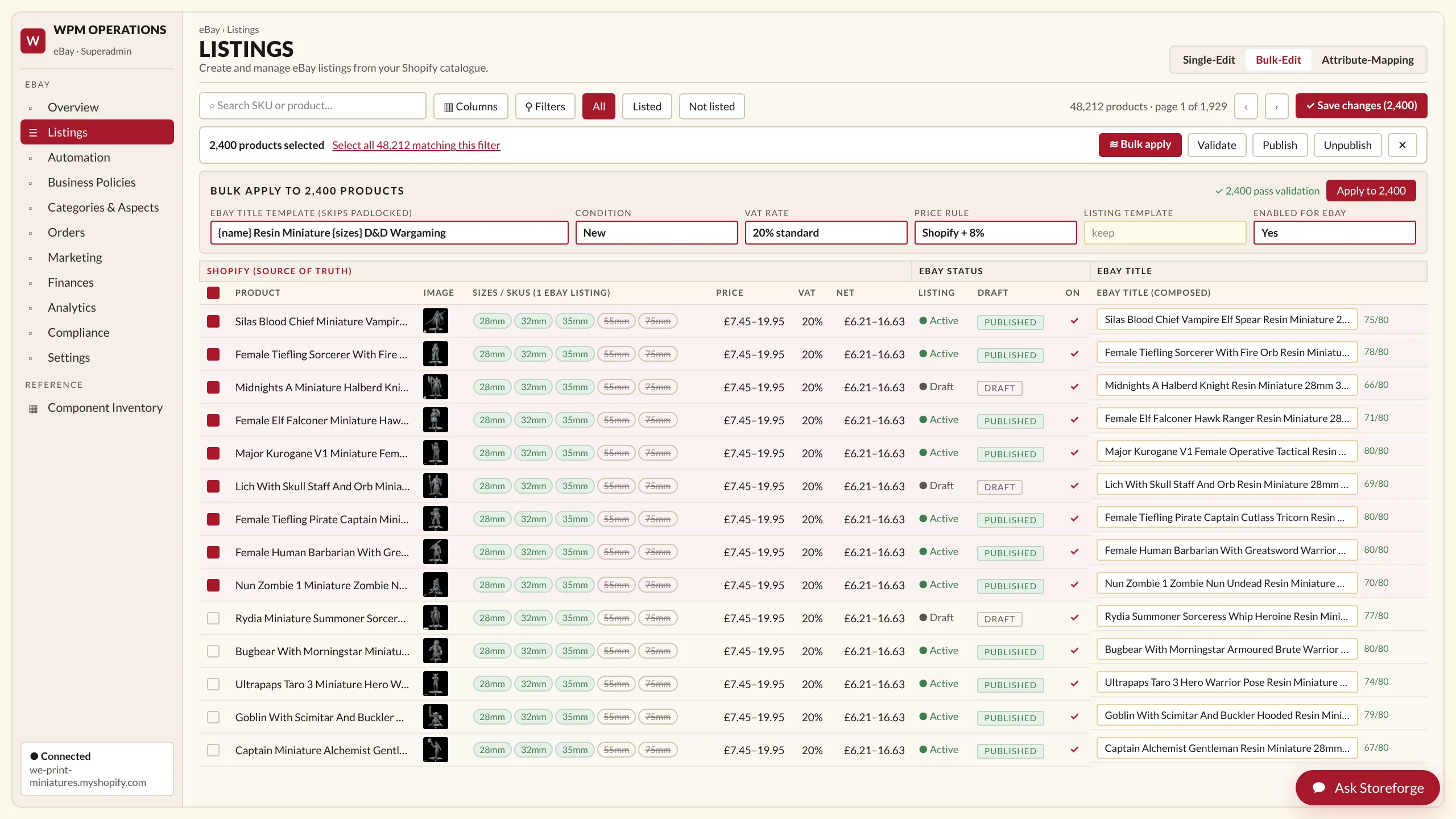 The eBay bulk-edit grid on a wide screen: rows of listings with composed titles, prices and VAT columns, a bulk-apply panel open on the right.