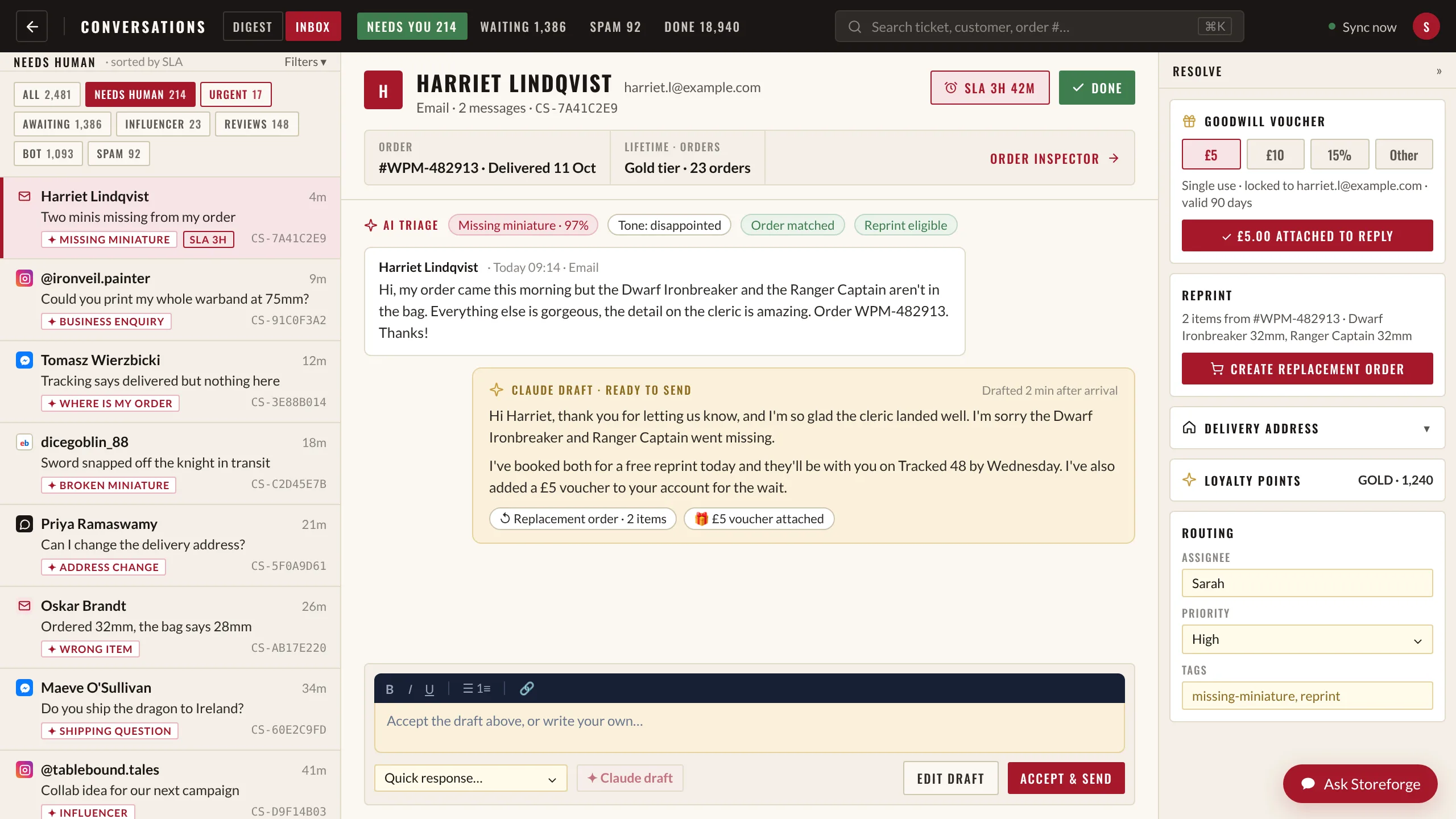 A support agent's screen: one inbox holding email, Instagram, Messenger, eBay and chat threads, with one ticket open showing the customer's order, the AI's classification and a drafted reply ready to send.